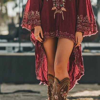 Women's Midi Dress Boho Dress Vintage Classic Vacation Daily Holiday Regular Fit Flower Long Sleeve V Neck Red Summer